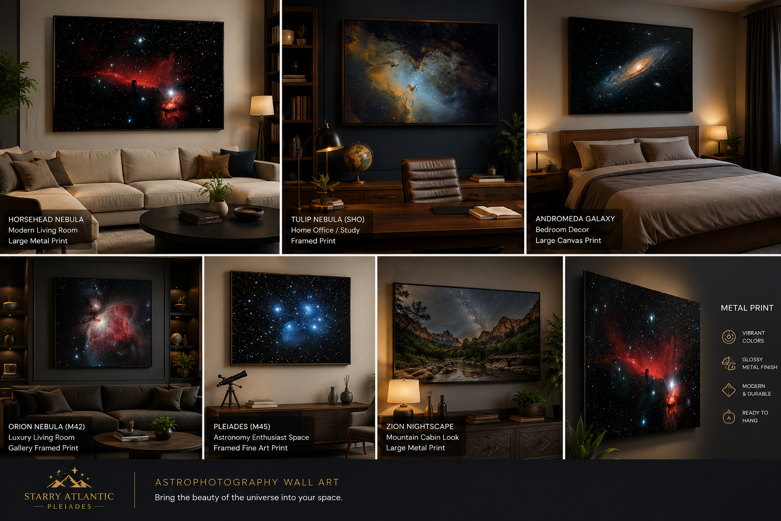 Starry Atlantic Pleiades astrophotography print mockups